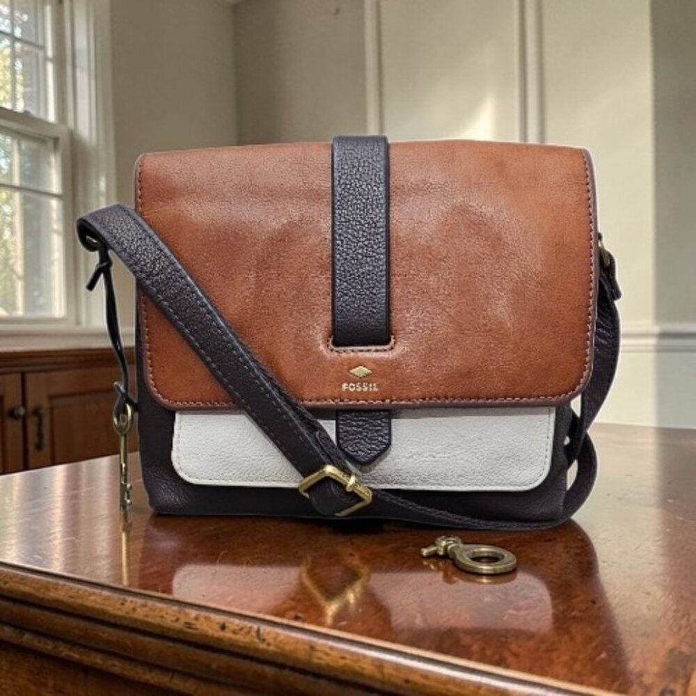 Fossil Kinley Colorblock Leather Small Crossbody Shoulder Bag Brown White